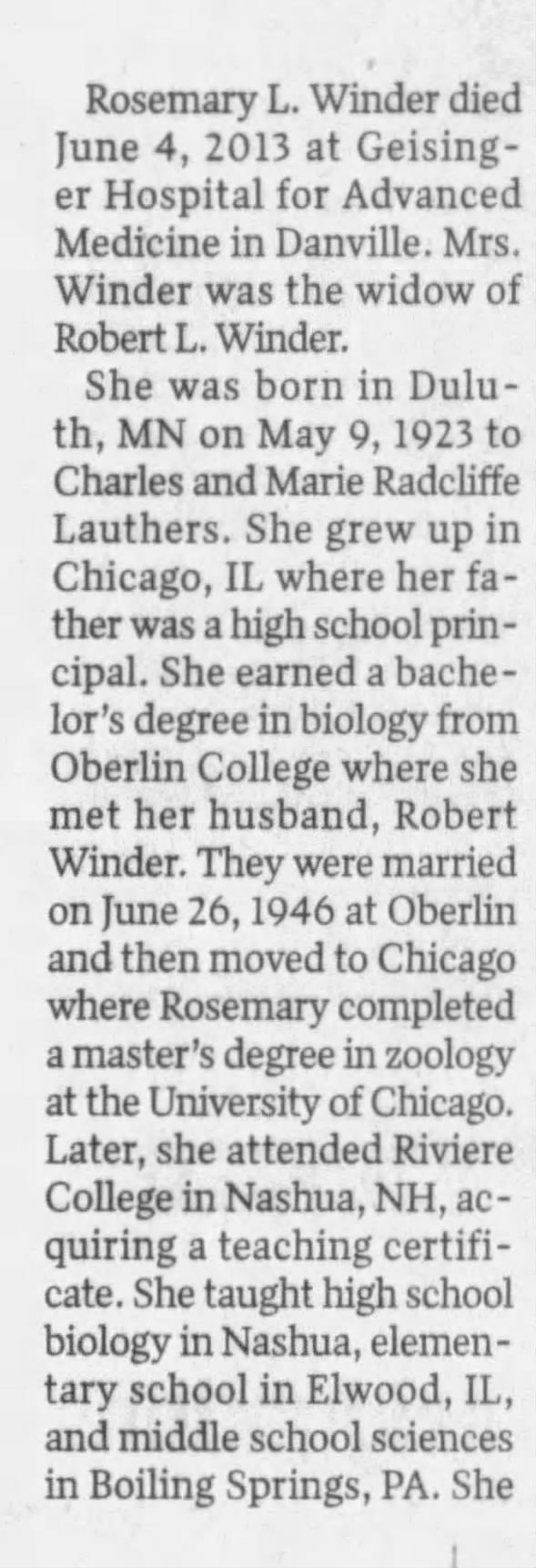 Obituary for Rosemary L. Winder, 1923-2013